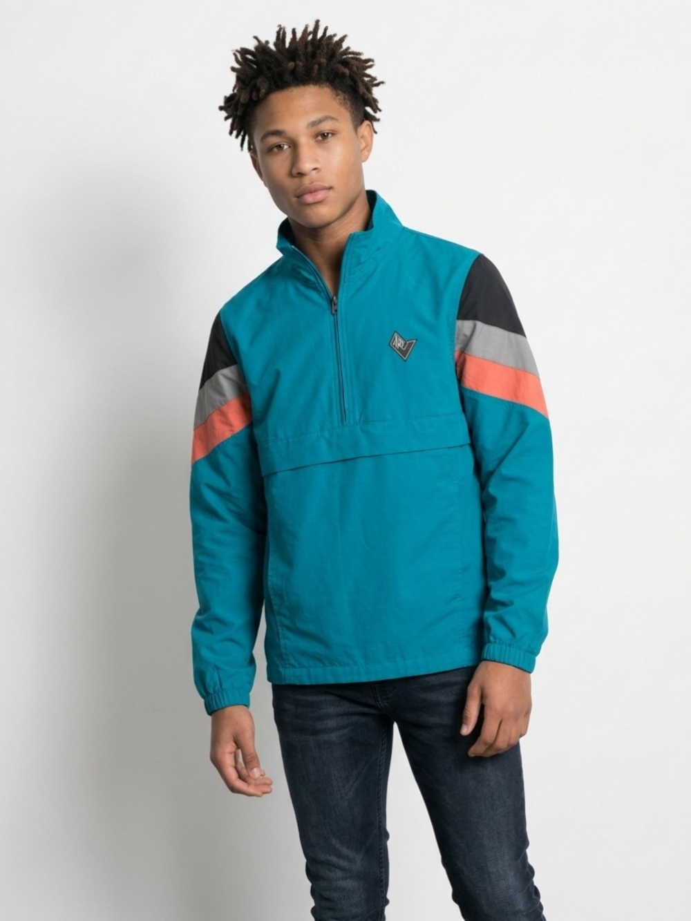 Volcom Teal Pullover Windbreaker with Black, Gray & Coral Sleeve Stripes
